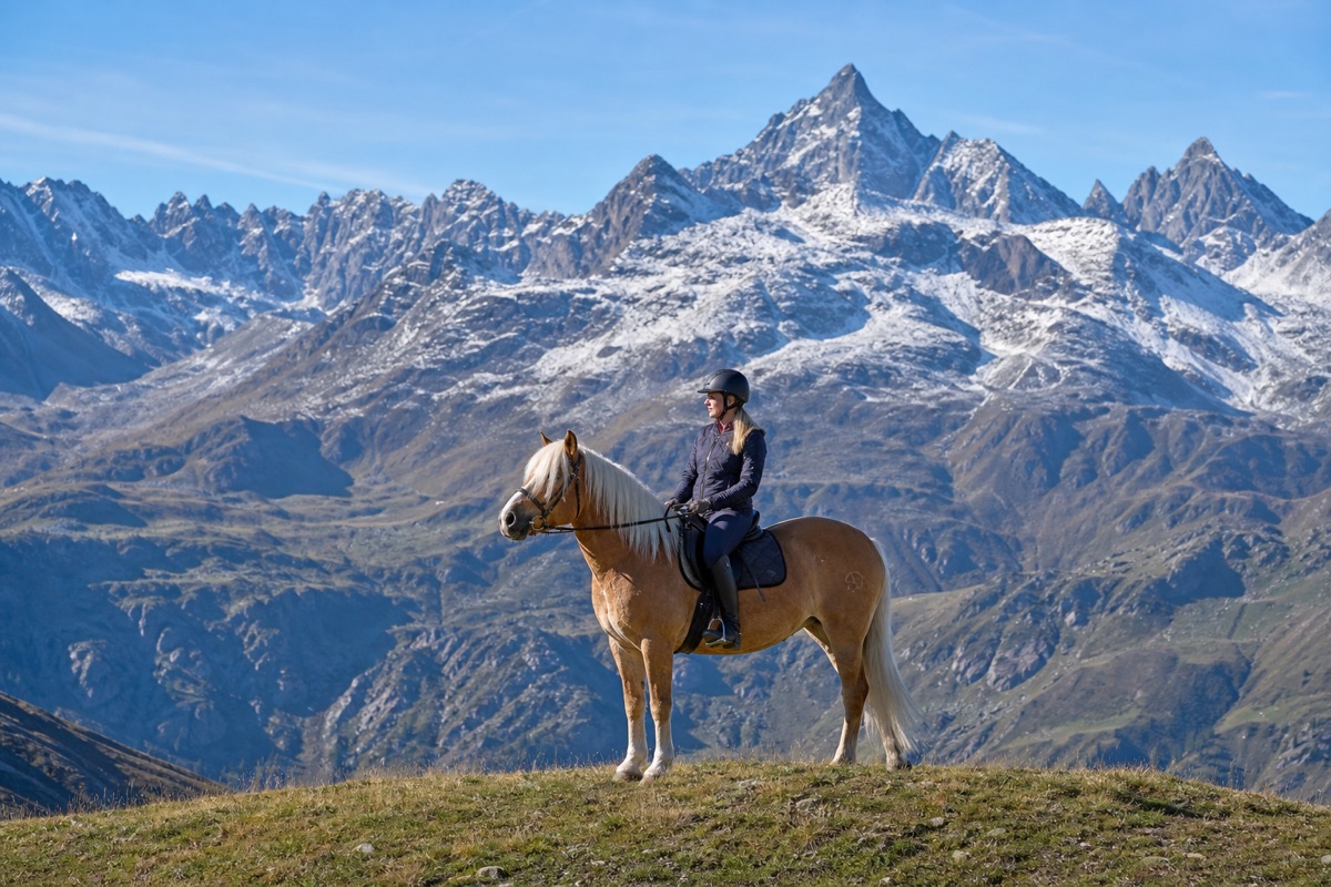 Pferd und Reiter auf einer Almwiese vor Bergpanorama