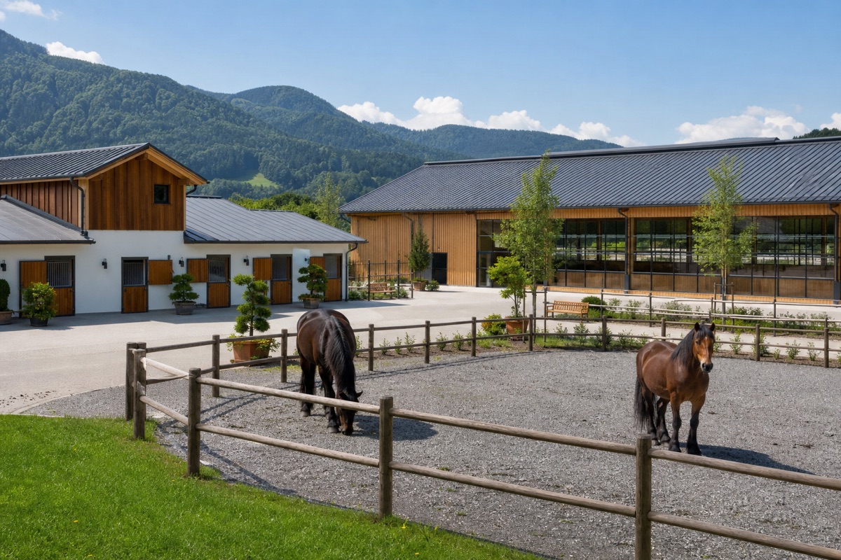 Reitanlage mit Pferden auf der Koppel und Reithalle