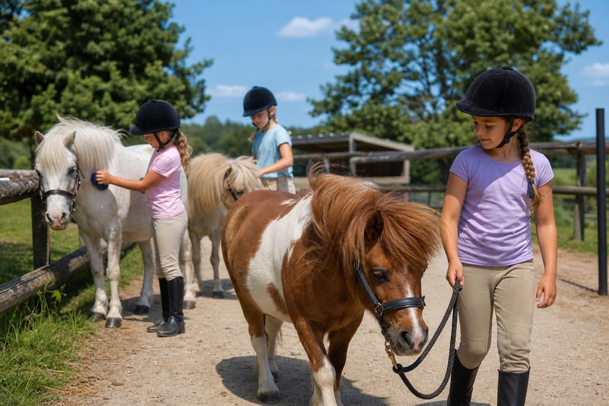 Kinder mit Ponys bei einem Reitcamp