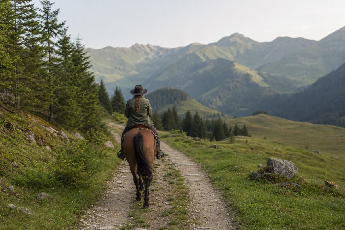 Reiterin beim Wanderreiten auf einem Bergpfad in Österreich